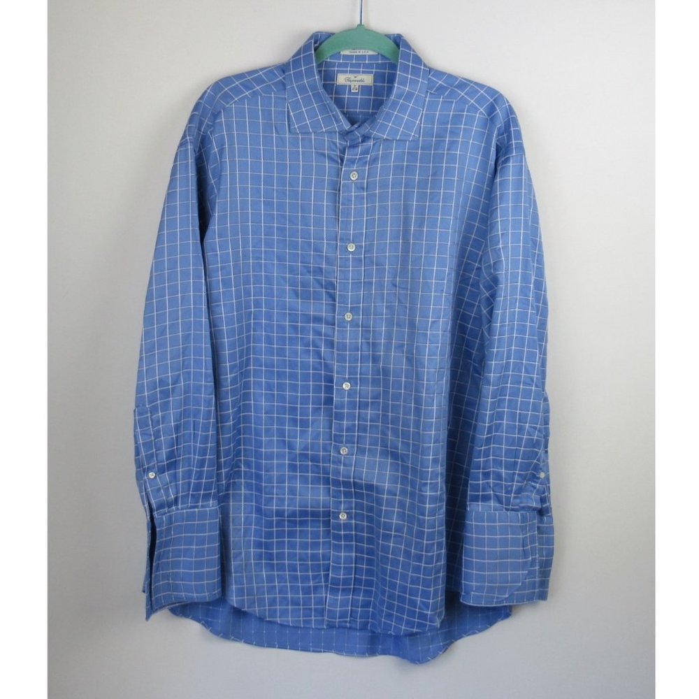 Faconnable Blue Grid Plaid Cotton Button Up Dress Shirt sz 17.5R